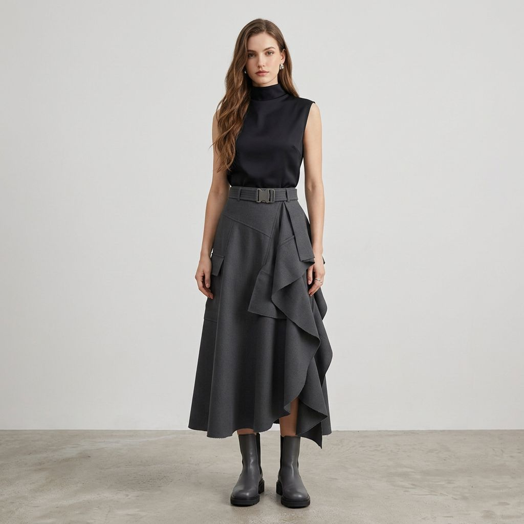 Charcoal Asymmetrical Ruffled Utility Midi Skirt