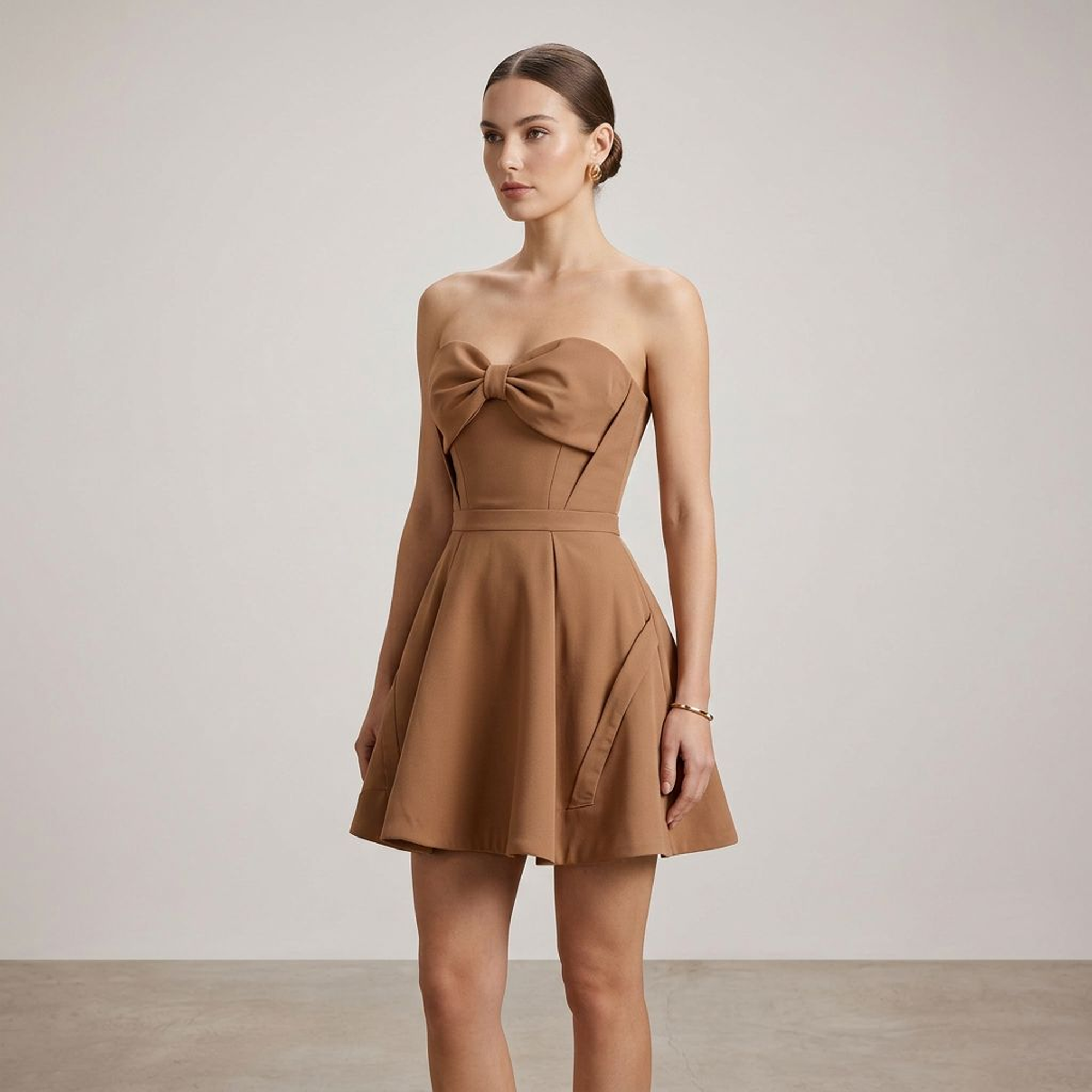 Caramel Strapless Bow-Front Fit-and-Flare Mini Dress