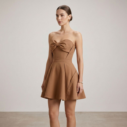 Caramel Strapless Bow-Front Fit-and-Flare Mini Dress