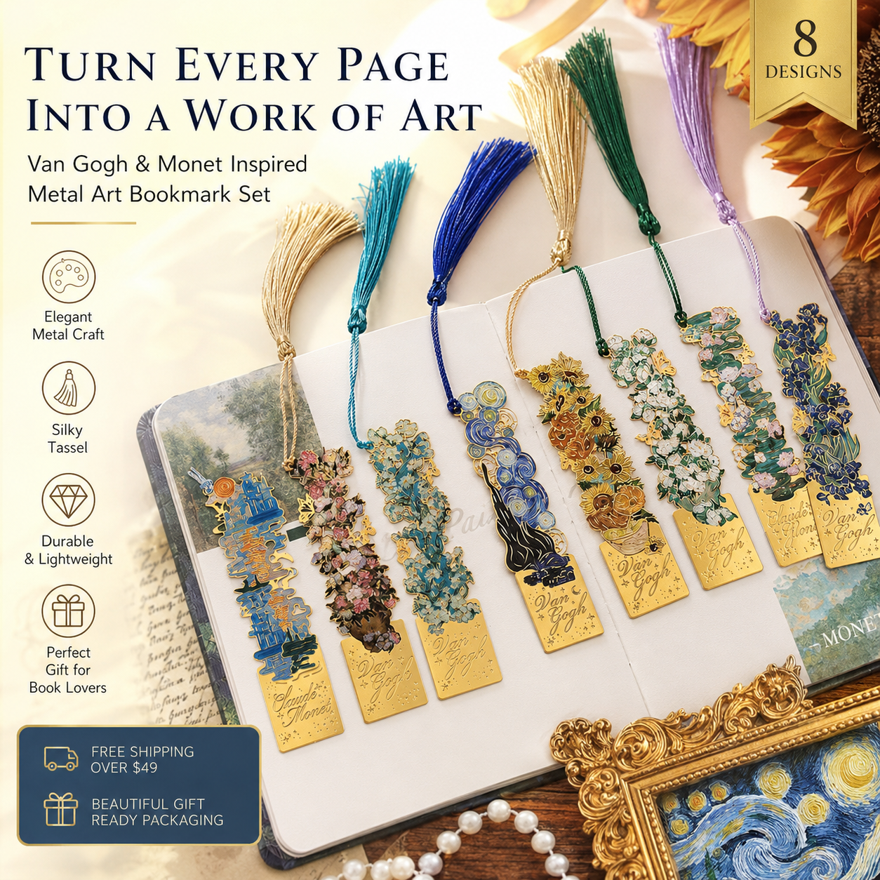 📚✨ 8-Piece Gold Metal Bookmark Set with Tassel – Van Gogh & Monet Inspired Gift for Book Lovers 🎨