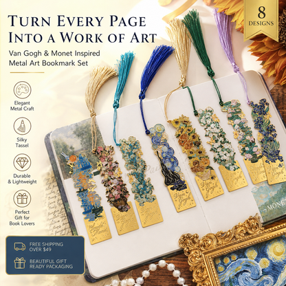 📚✨ 8-Piece Gold Metal Bookmark Set with Tassel – Van Gogh & Monet Inspired Gift for Book Lovers 🎨