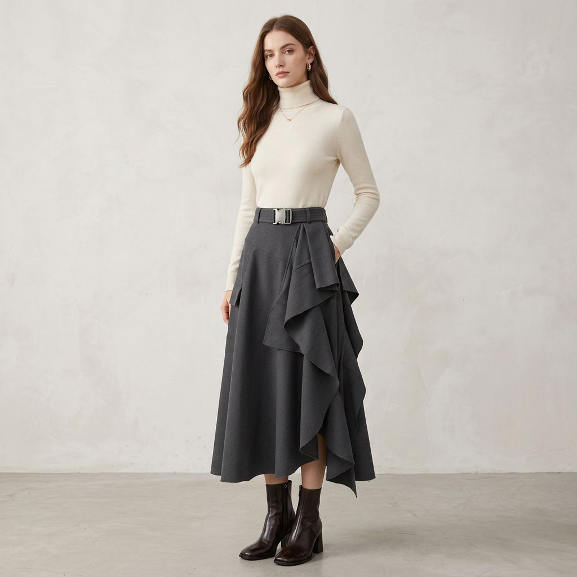 Charcoal Asymmetrical Ruffled Utility Midi Skirt