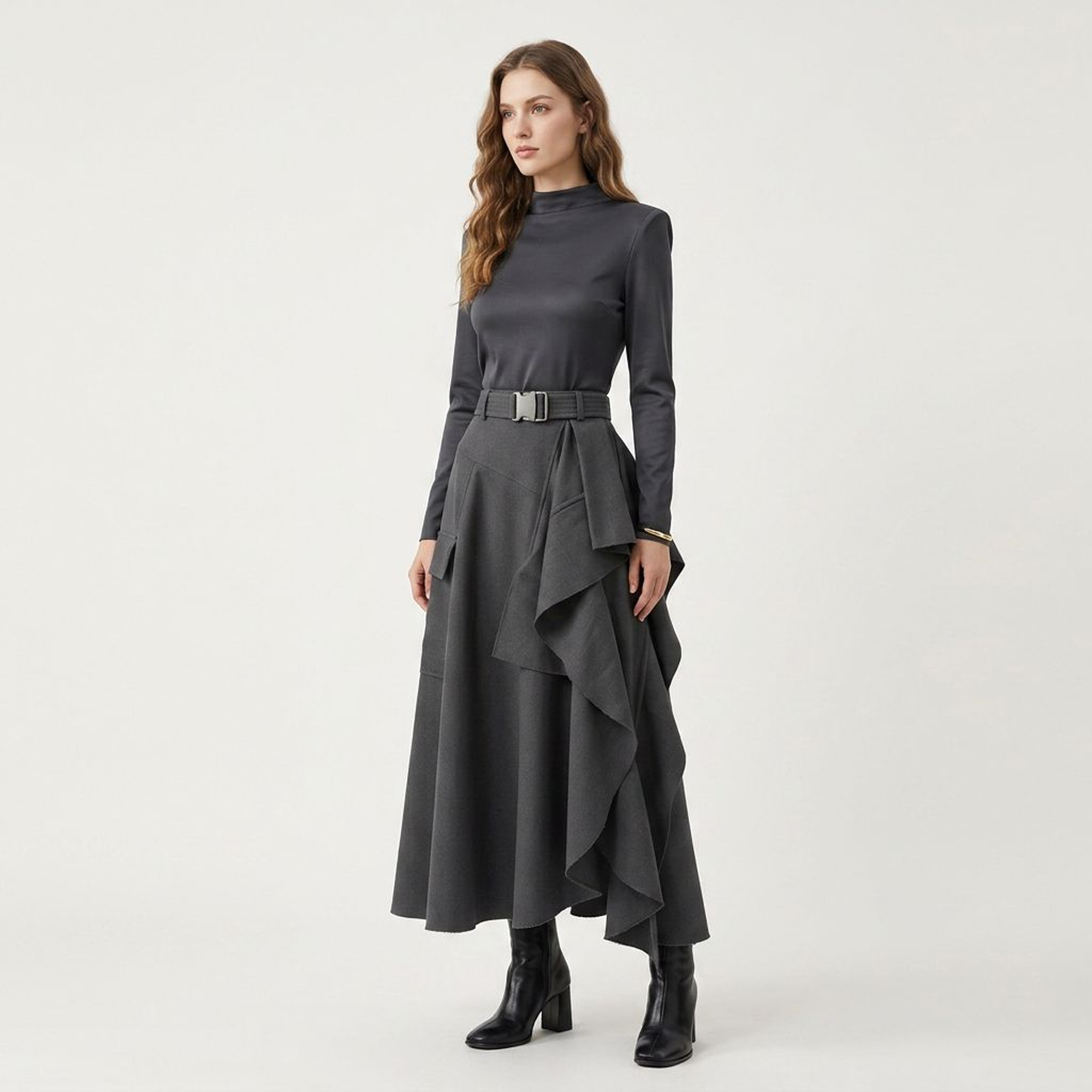 Charcoal Asymmetrical Ruffled Utility Midi Skirt