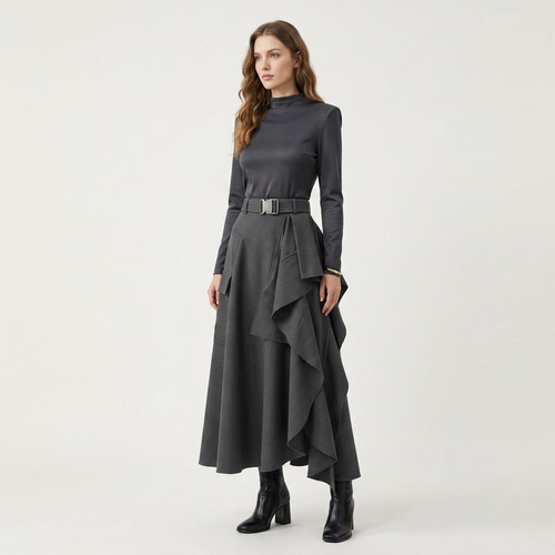 Charcoal Asymmetrical Ruffled Utility Midi Skirt
