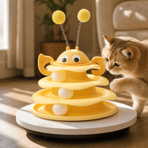 Interactive 3-Layer Cat Toy Tower with Rotating Bee and Rolling Ball