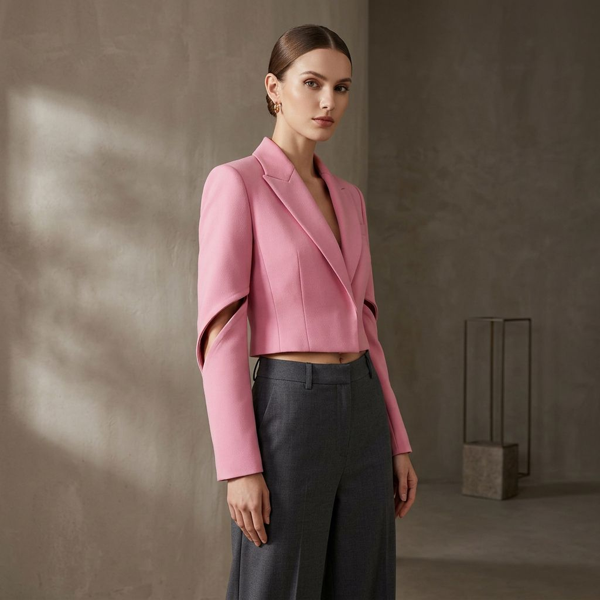 Bright Pink Cropped Blazer with Cut-Out Sleeves