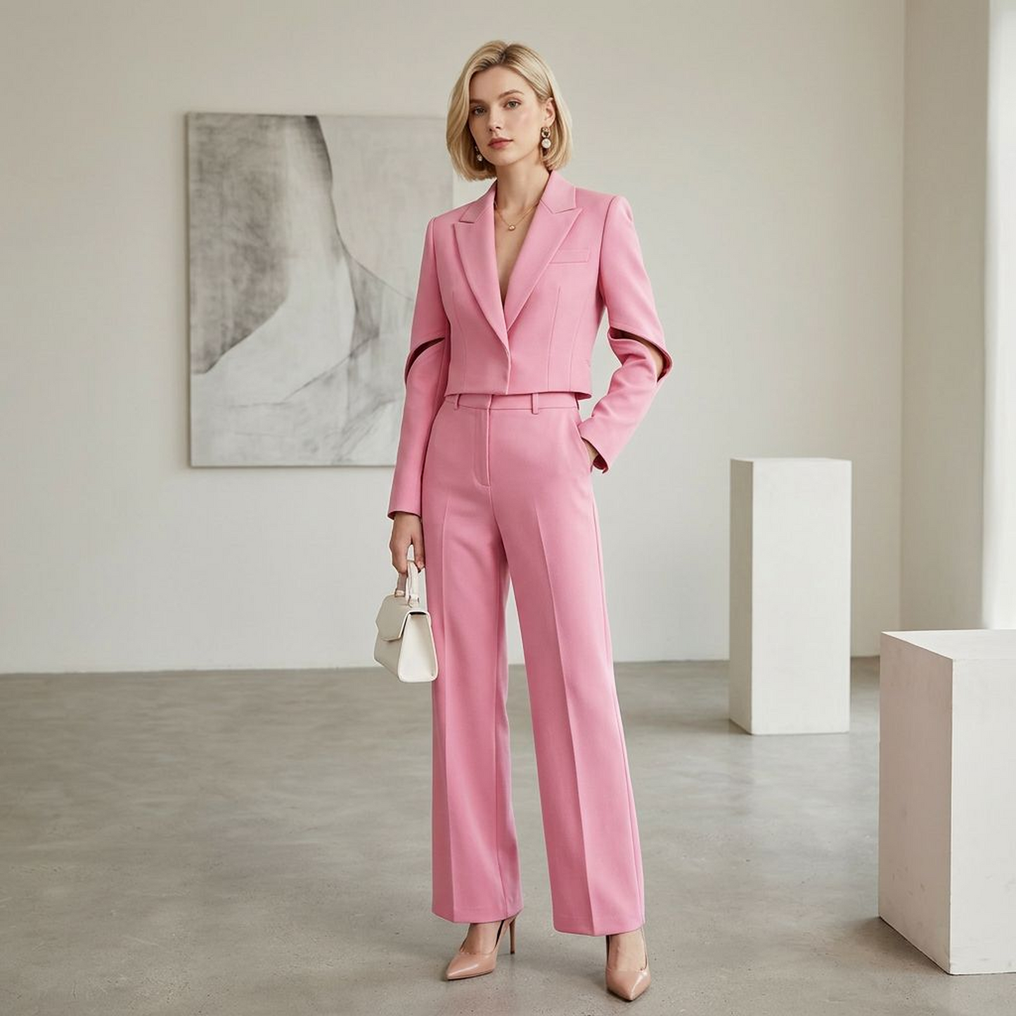 Bright Pink Cropped Blazer with Cut-Out Sleeves