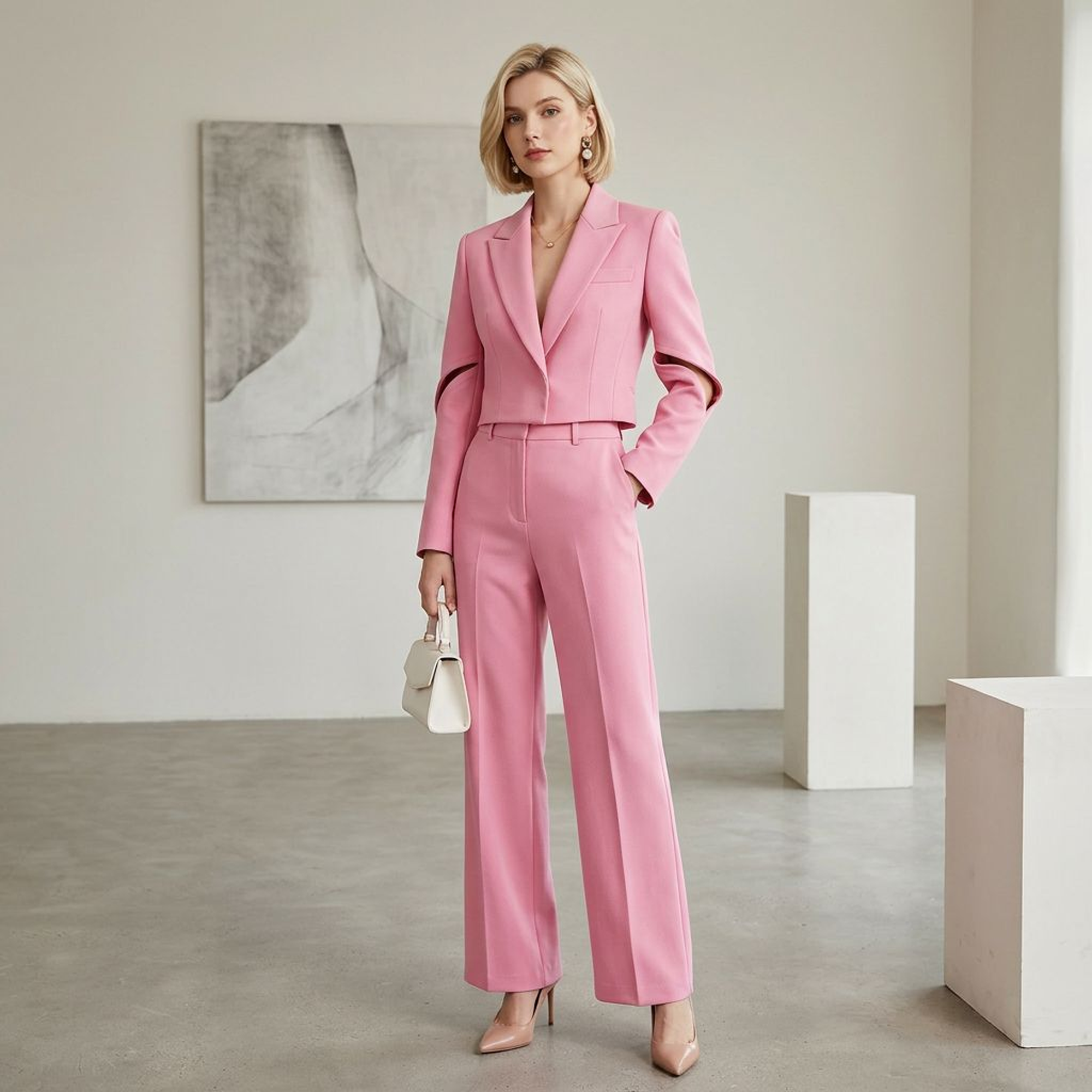Bright Pink Cropped Blazer with Cut-Out Sleeves