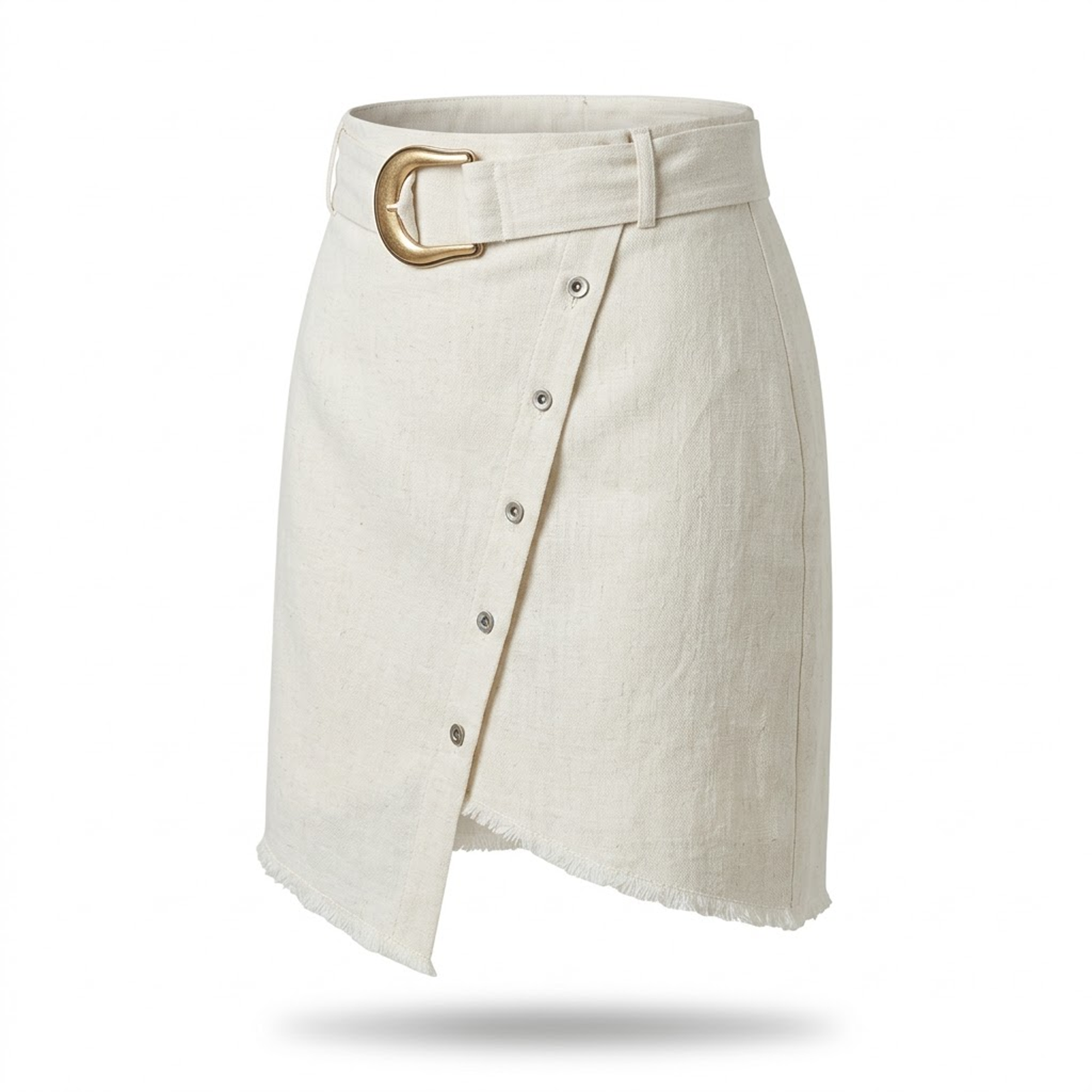 Cream Linen-Blend Wrap Mini Skirt with Gold Buckle Belt