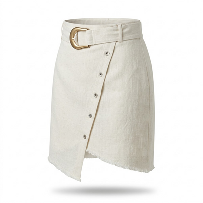 Cream Linen-Blend Wrap Mini Skirt with Gold Buckle Belt