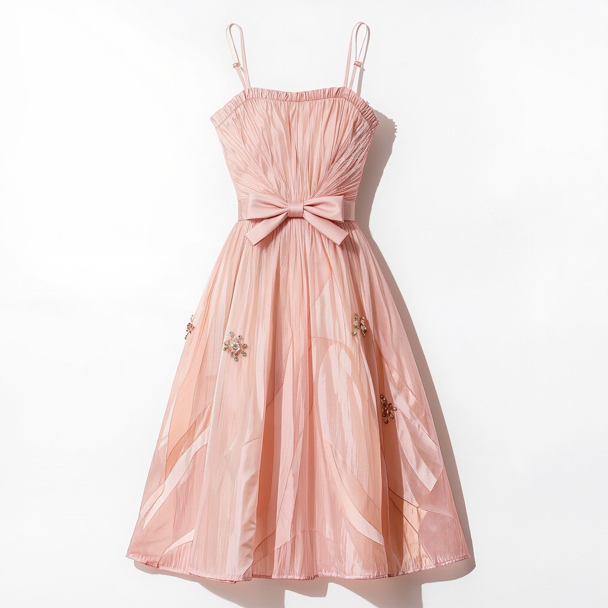 Blush Tulle Spaghetti Strap Midi Dress with Bow & Beaded Details