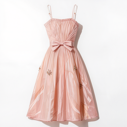 Blush Tulle Spaghetti Strap Midi Dress with Bow & Beaded Details