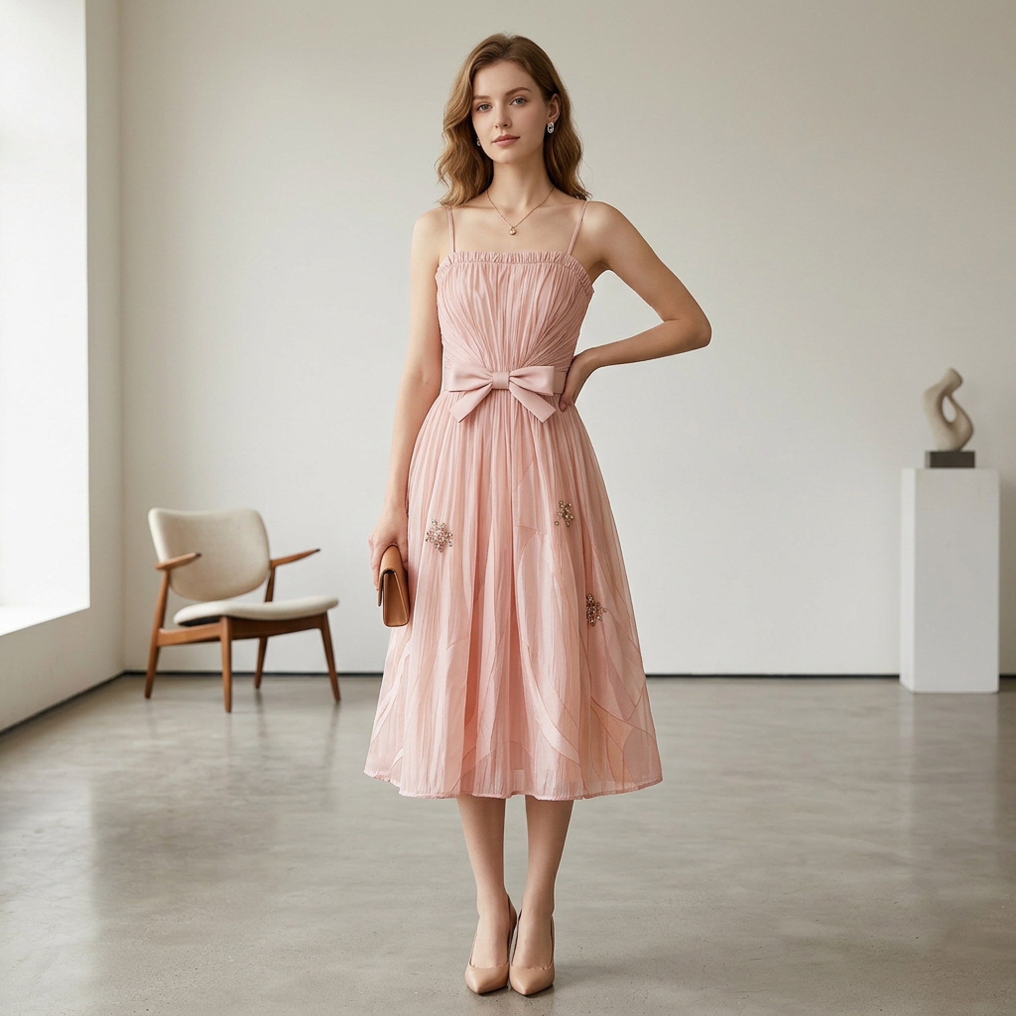 Blush Tulle Spaghetti Strap Midi Dress with Bow & Beaded Details