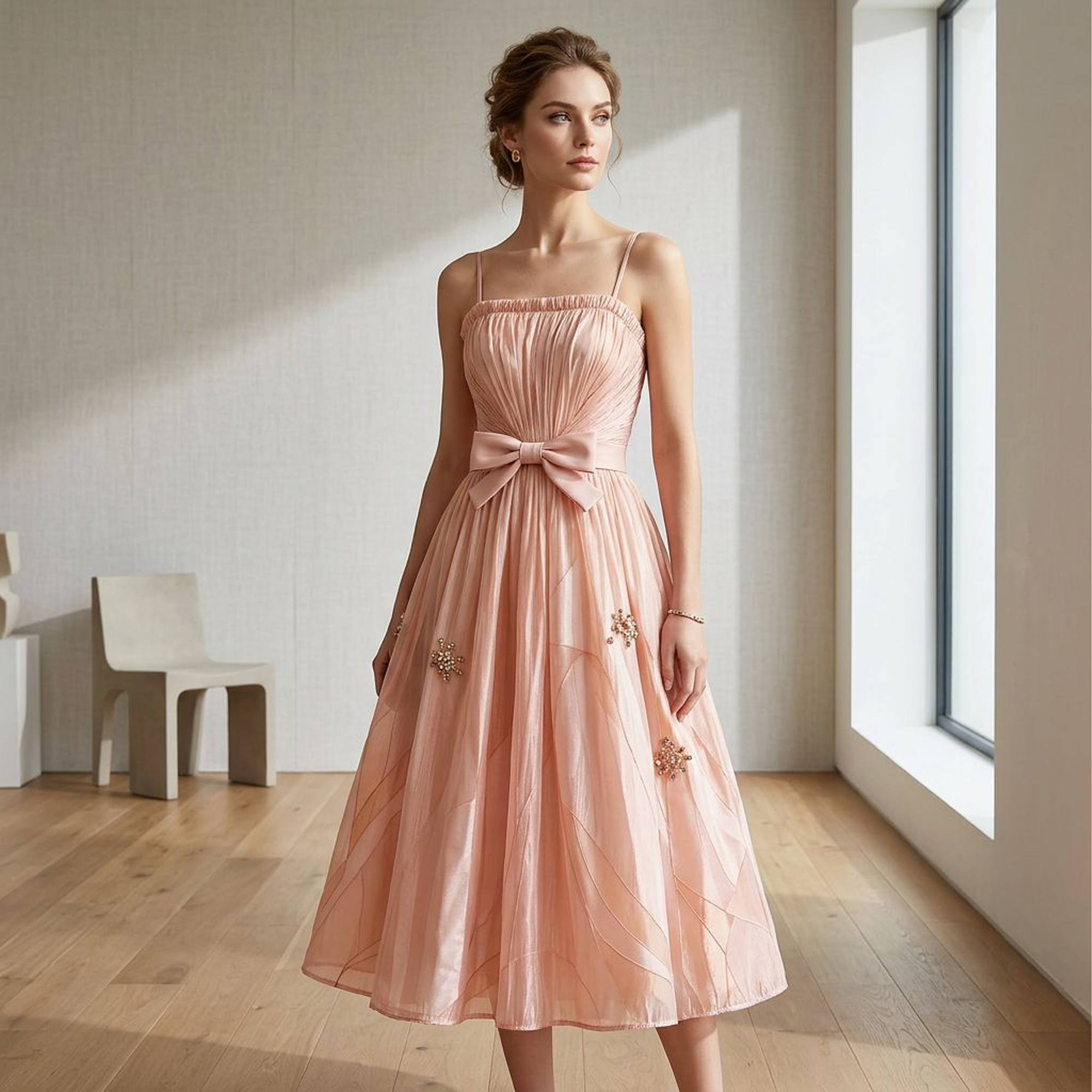 Blush Tulle Spaghetti Strap Midi Dress with Bow & Beaded Details