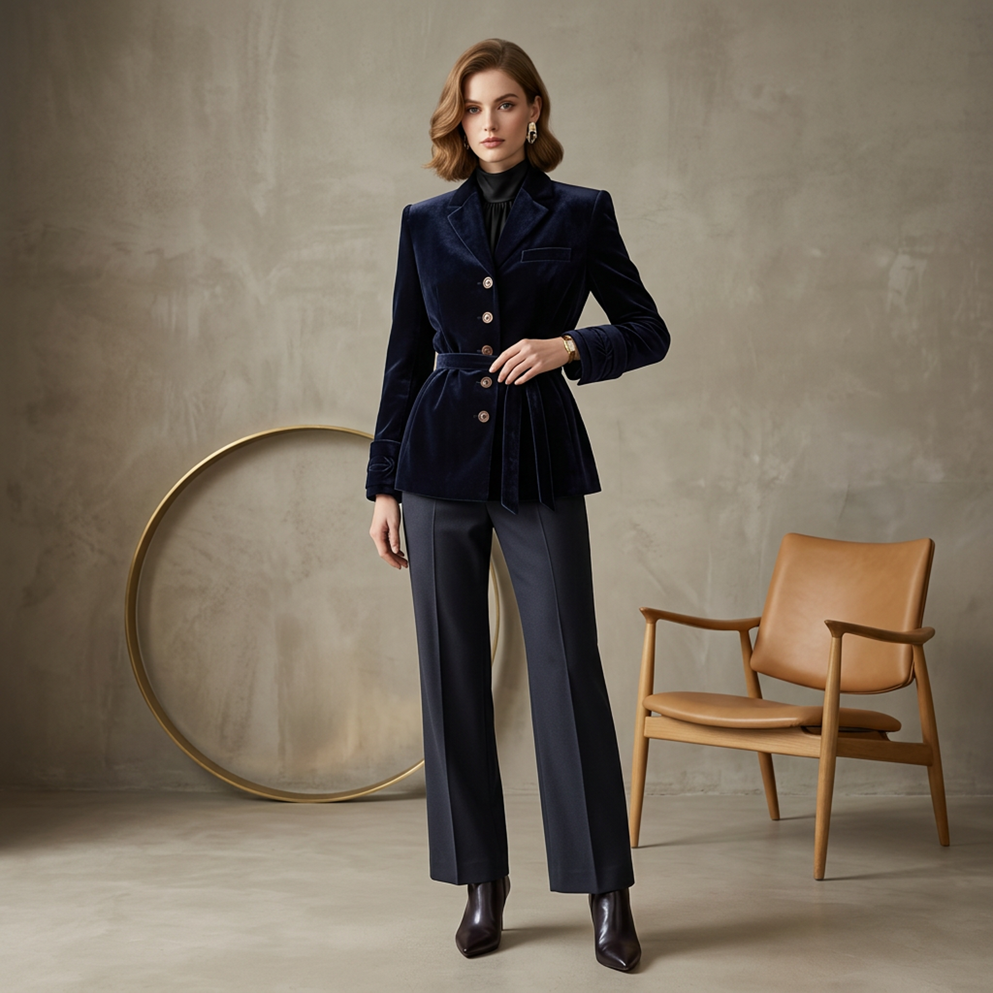 Vintage-Inspired Navy Velvet Peplum Blazer