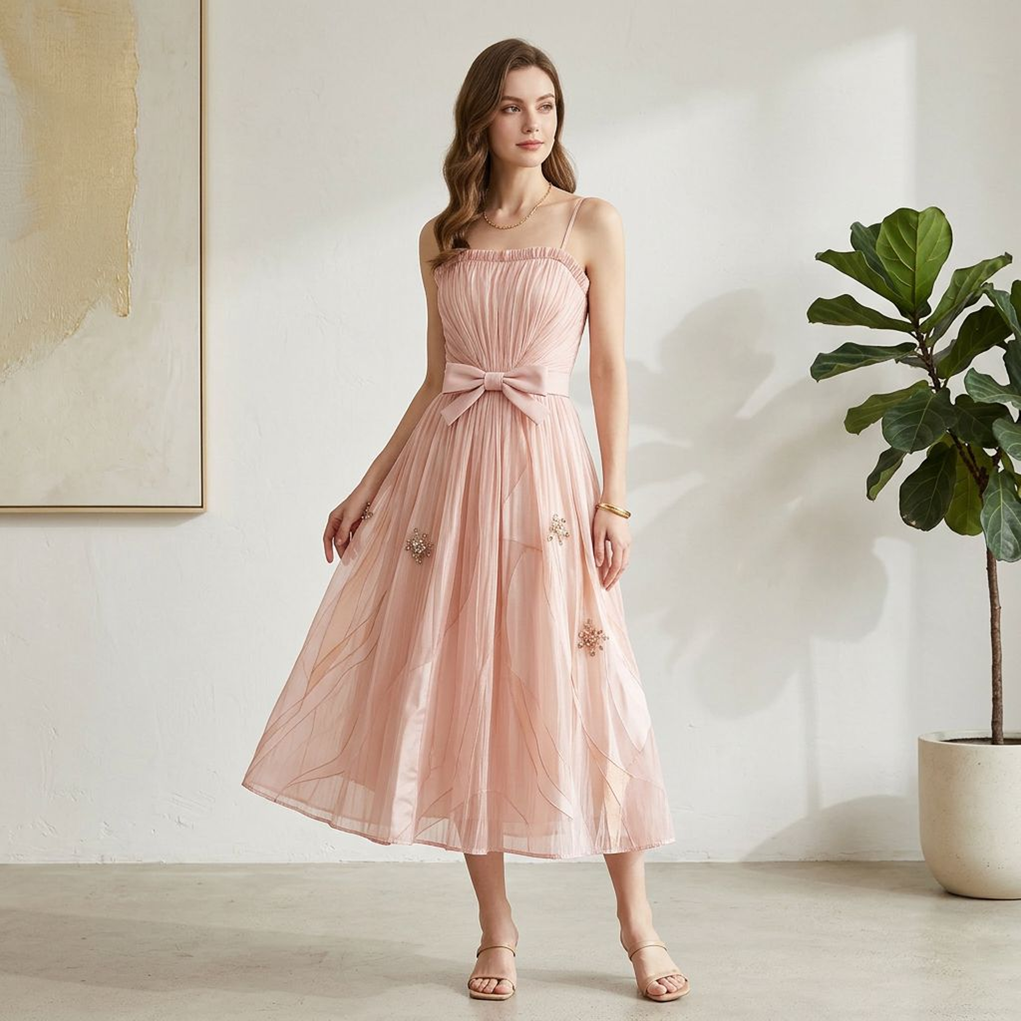 Blush Tulle Spaghetti Strap Midi Dress with Bow & Beaded Details