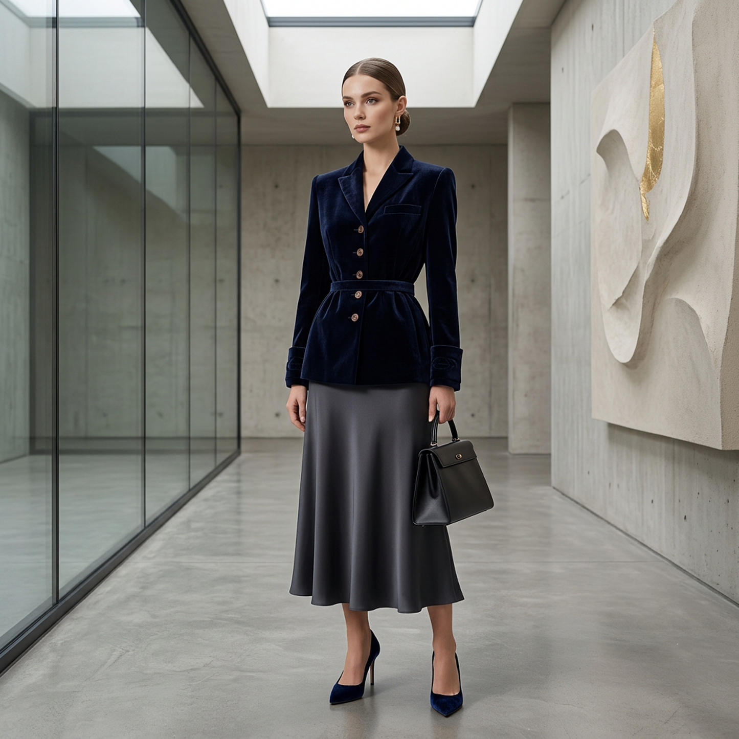 Vintage-Inspired Navy Velvet Peplum Blazer