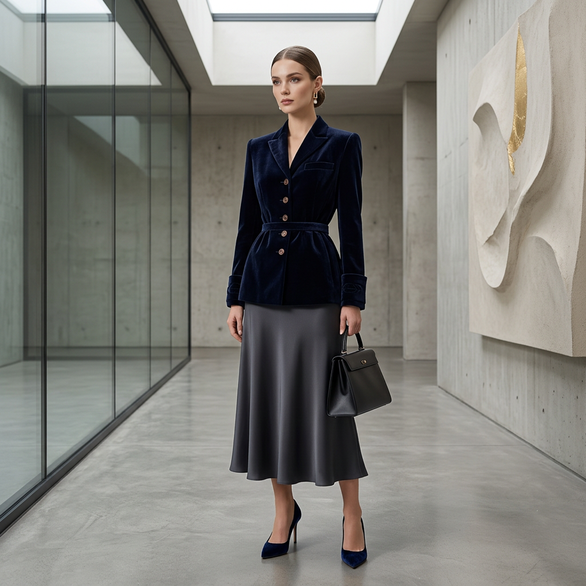 Vintage-Inspired Navy Velvet Peplum Blazer