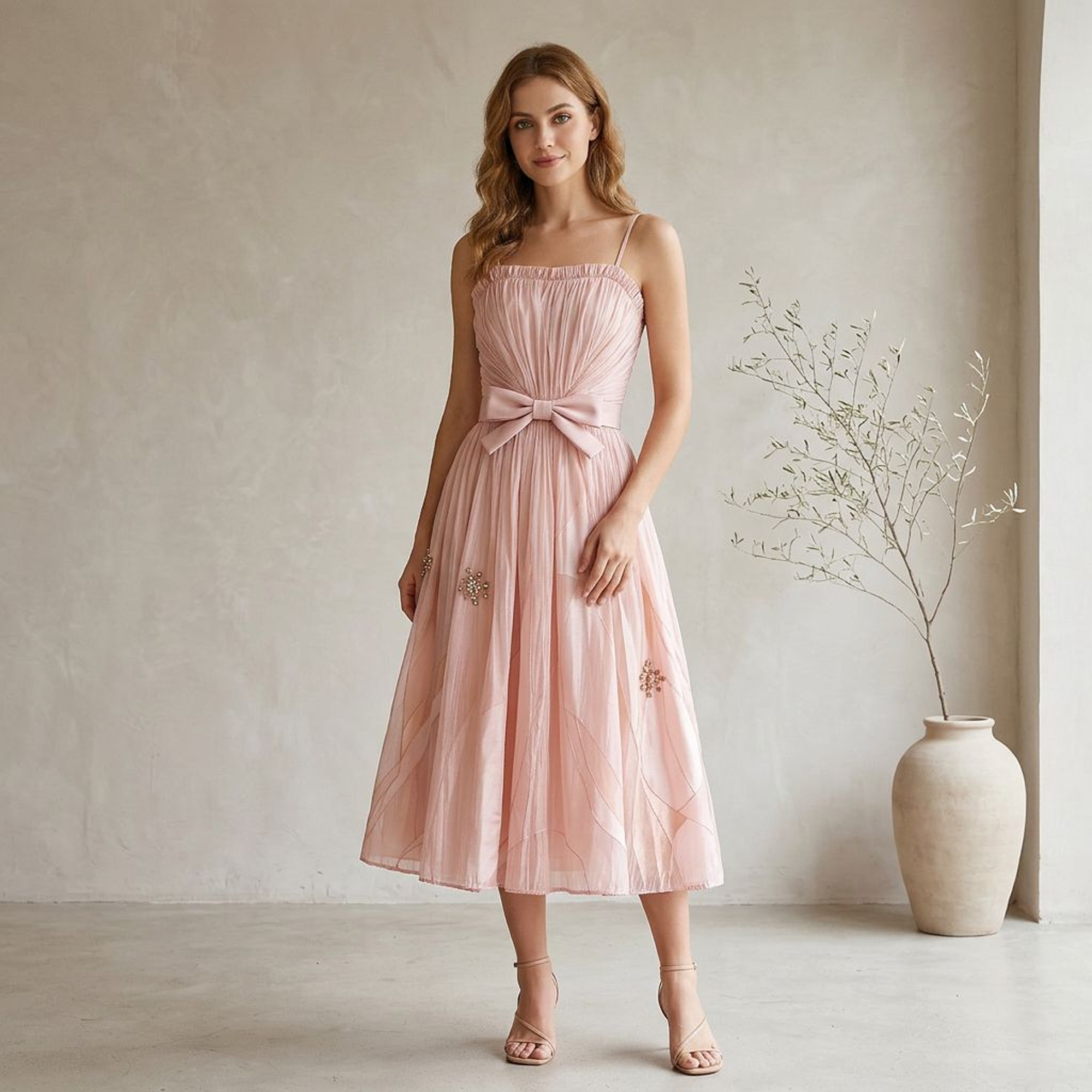 Blush Tulle Spaghetti Strap Midi Dress with Bow & Beaded Details