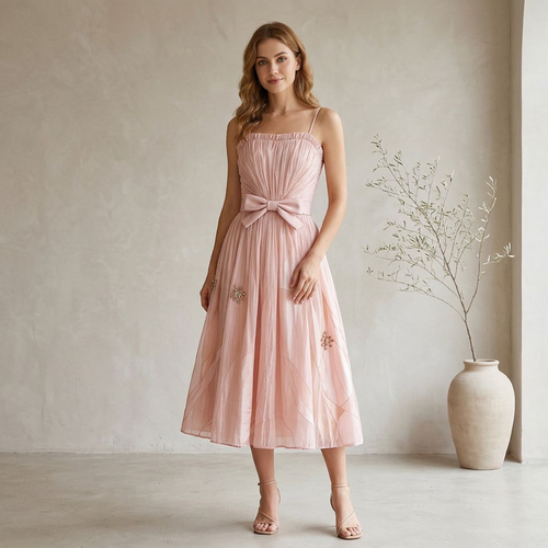 Blush Tulle Spaghetti Strap Midi Dress with Bow & Beaded Details