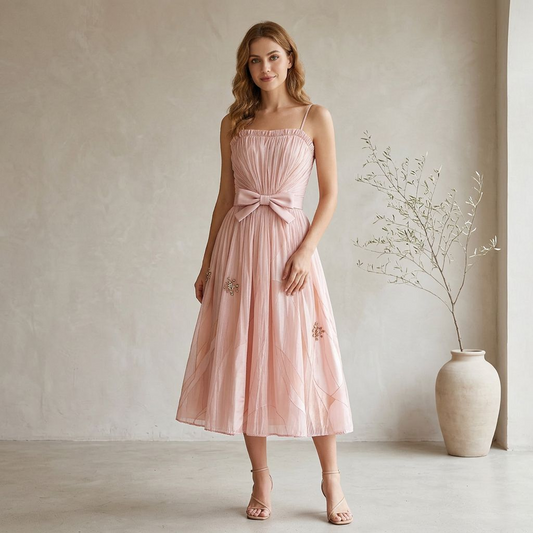 Blush Tulle Spaghetti Strap Midi Dress with Bow & Beaded Details