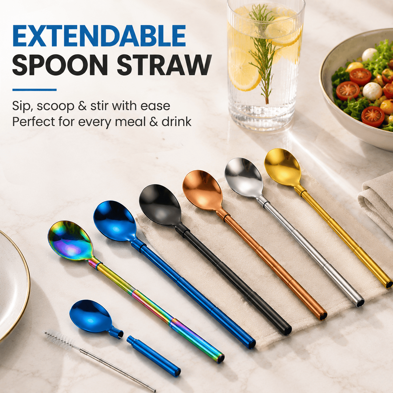 3-in-1 Pocket-Sized & Extendable Premium Stainless Steel Reusable Spoon & Straw