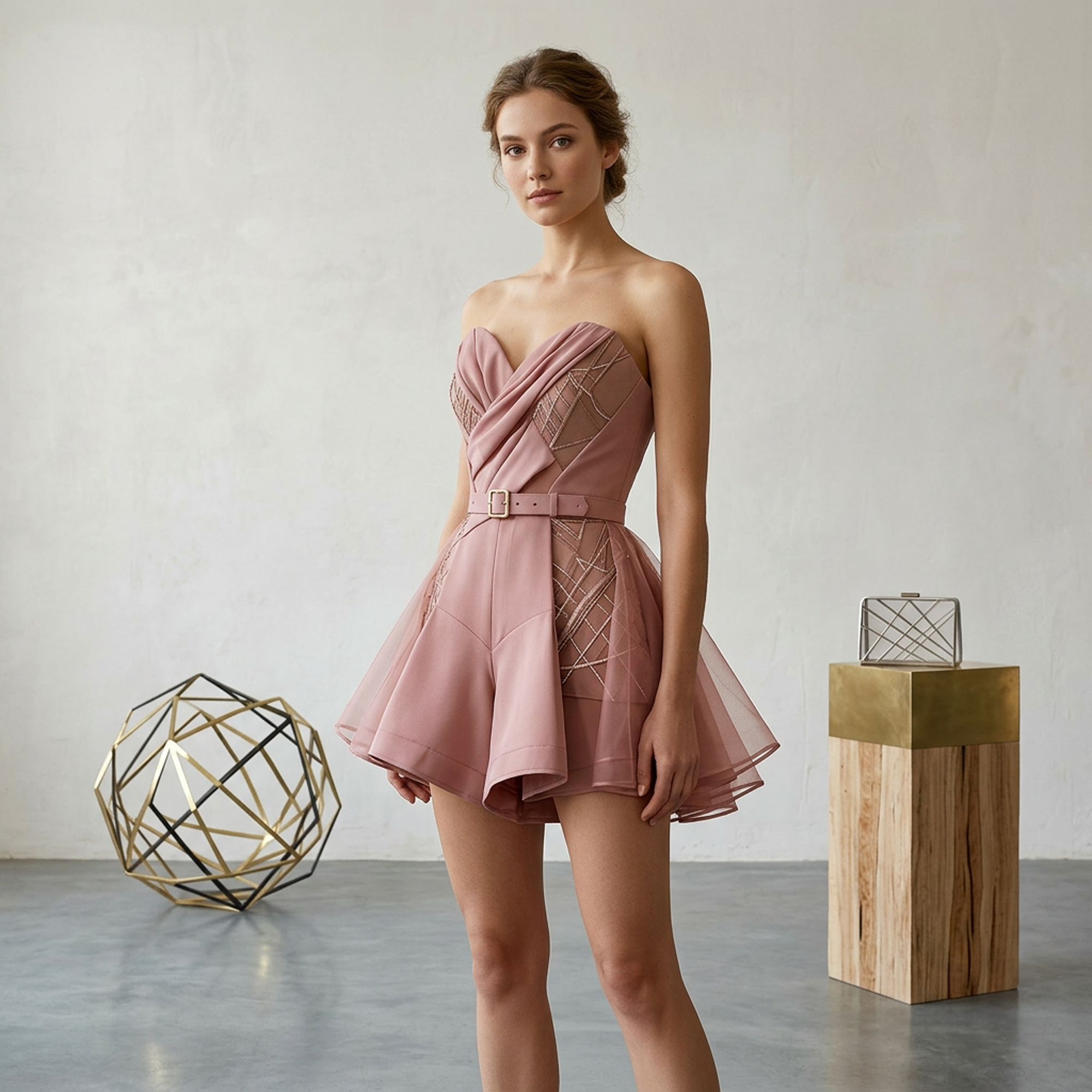Blush Strapless Embellished Belted Romper