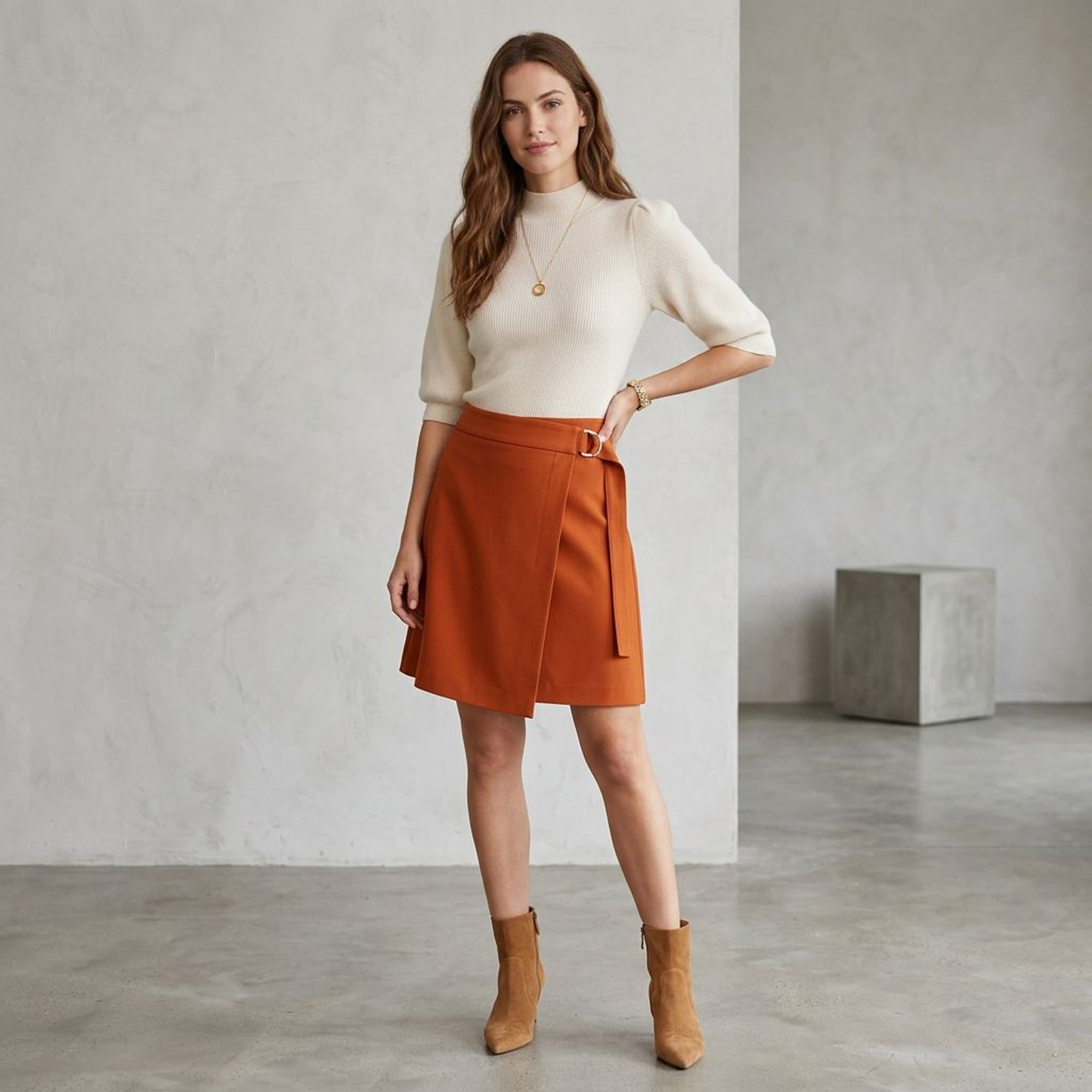 Burnt Orange Wrap Mini Skirt with Silver Buckle