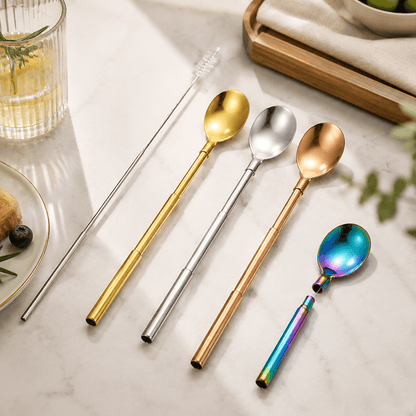 3-in-1 Pocket-Sized & Extendable Premium Stainless Steel Reusable Spoon & Straw