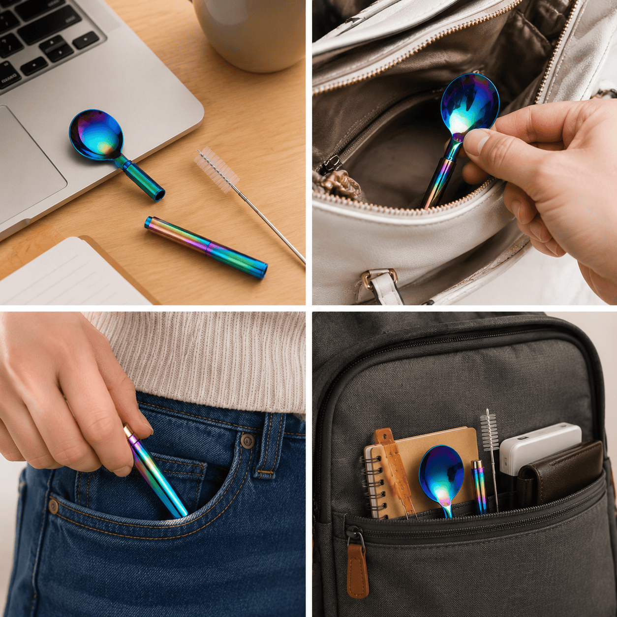 3-in-1 Pocket-Sized & Extendable Premium Stainless Steel Reusable Spoon & Straw