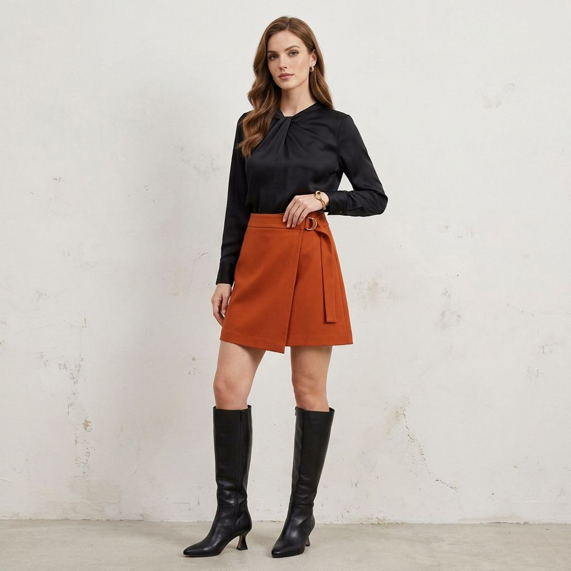 Burnt Orange Wrap Mini Skirt with Silver Buckle