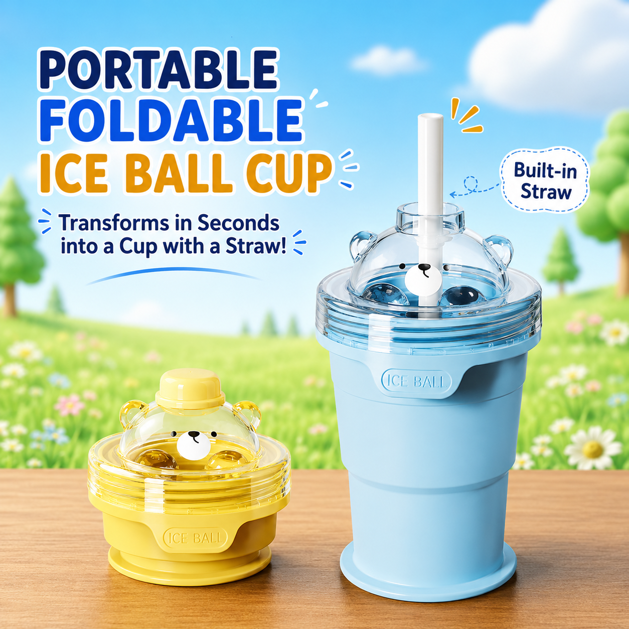 2-in-1 Foldable Ice Ball Cup with Built-in Straw