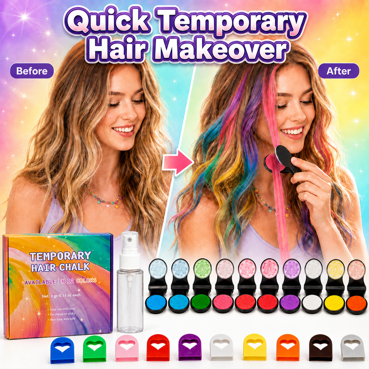 ⏳🔥LIMITED-TIME 50% OFF! ⏰🌈 12-Color Temporary Hair Chalk Applicator Set