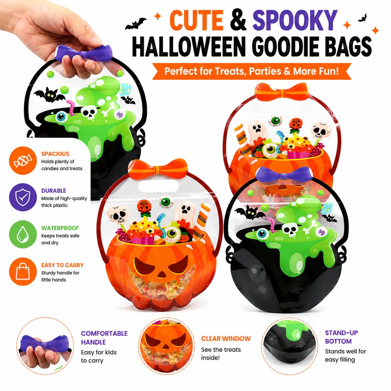Halloween Pumpkin & Cauldron Treat Bags for Kids – Reusable Trick-or-Treat Candy Goodie Bags