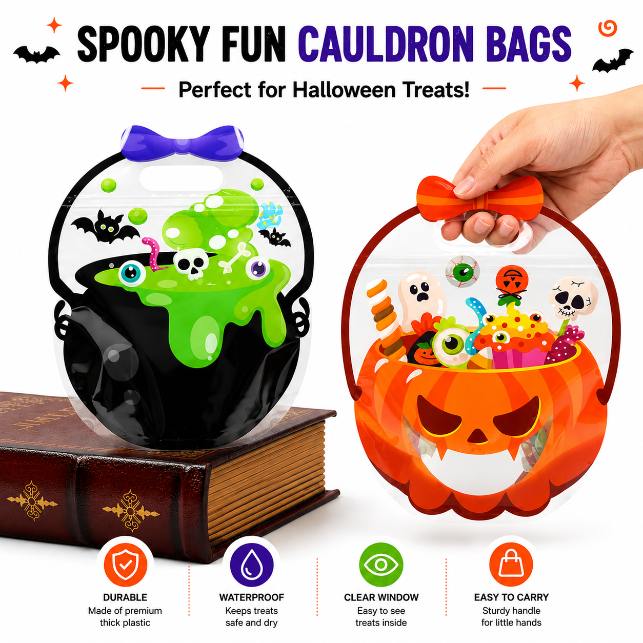 Halloween Pumpkin & Cauldron Treat Bags for Kids – Reusable Trick-or-Treat Candy Goodie Bags