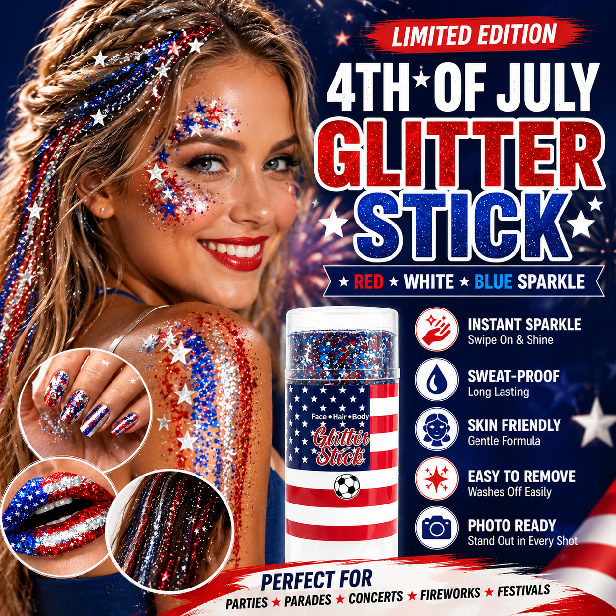 🎉 4th of July Glitter Stick – Red, White & Blue Body & Hair Sparkle 1