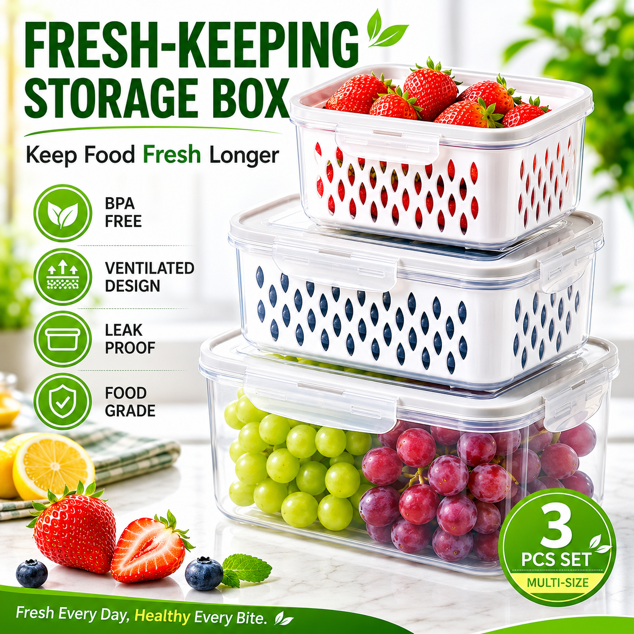 4-in-1 Produce Storage Containers (3-Pack Set) | Wash • Drain • Store • Keep Fresh