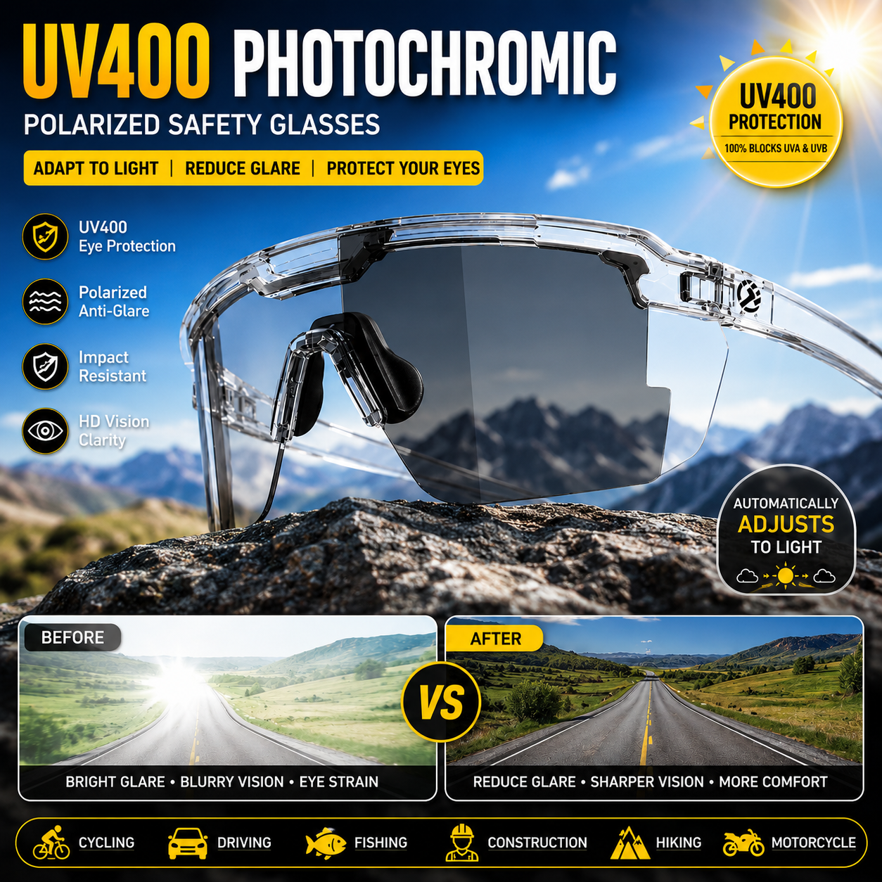 ☀️🕶️UV400 Photochromic Polarized Safety Glasses – 🥇Intelligent Eyewear That Adapts To Your Environment