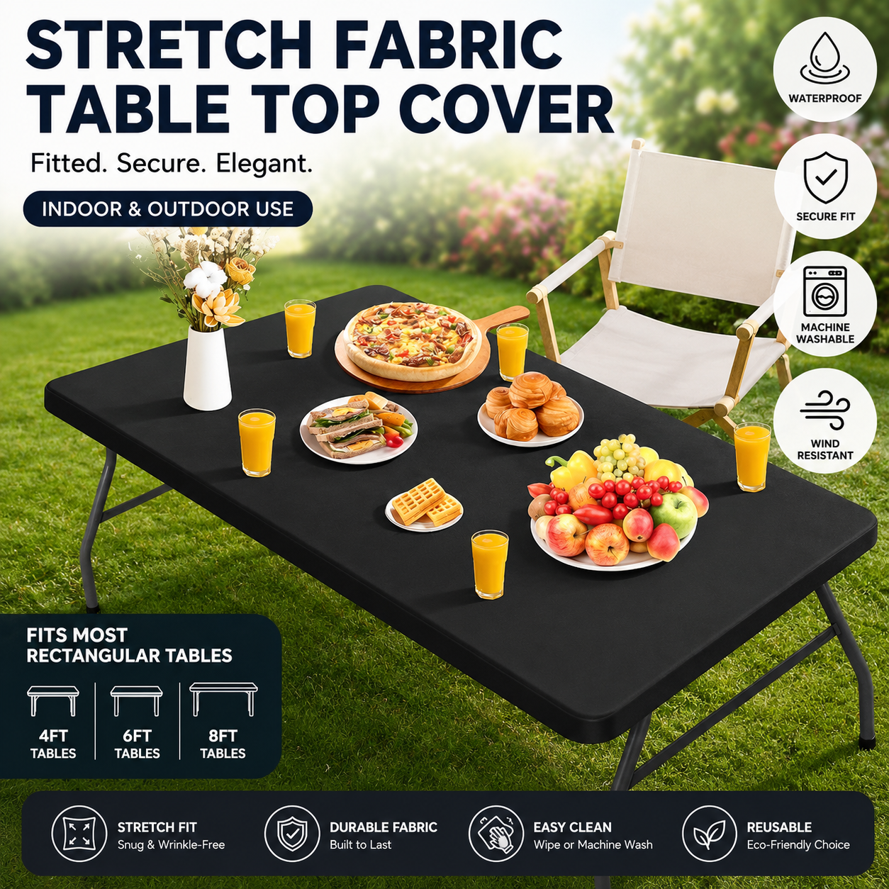 Pack Stretch Fabric Table Top Cap Cover, fits 4ft/6ft/8ft Tables