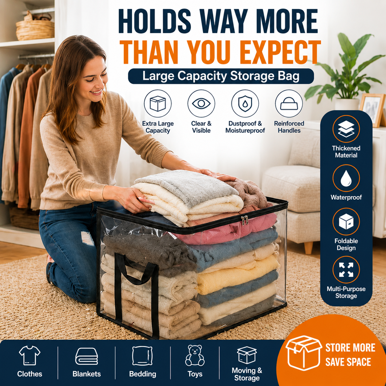 🎁Sale 49% OFF📦Large Heavy-Duty Thick Plastic Clear Storage Bag for Clothes, Moving & Storage