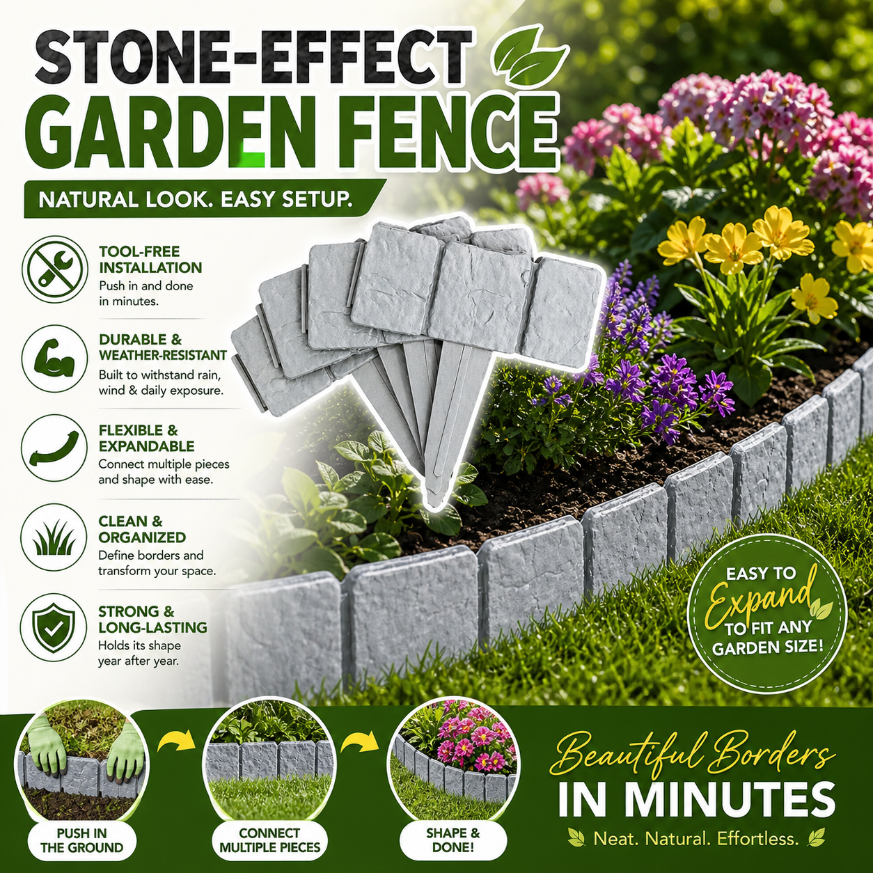 🌻Premium-Quality, Durable Faux Stone Garden Border Fence🌻Stone-Look Decorative Garden Border