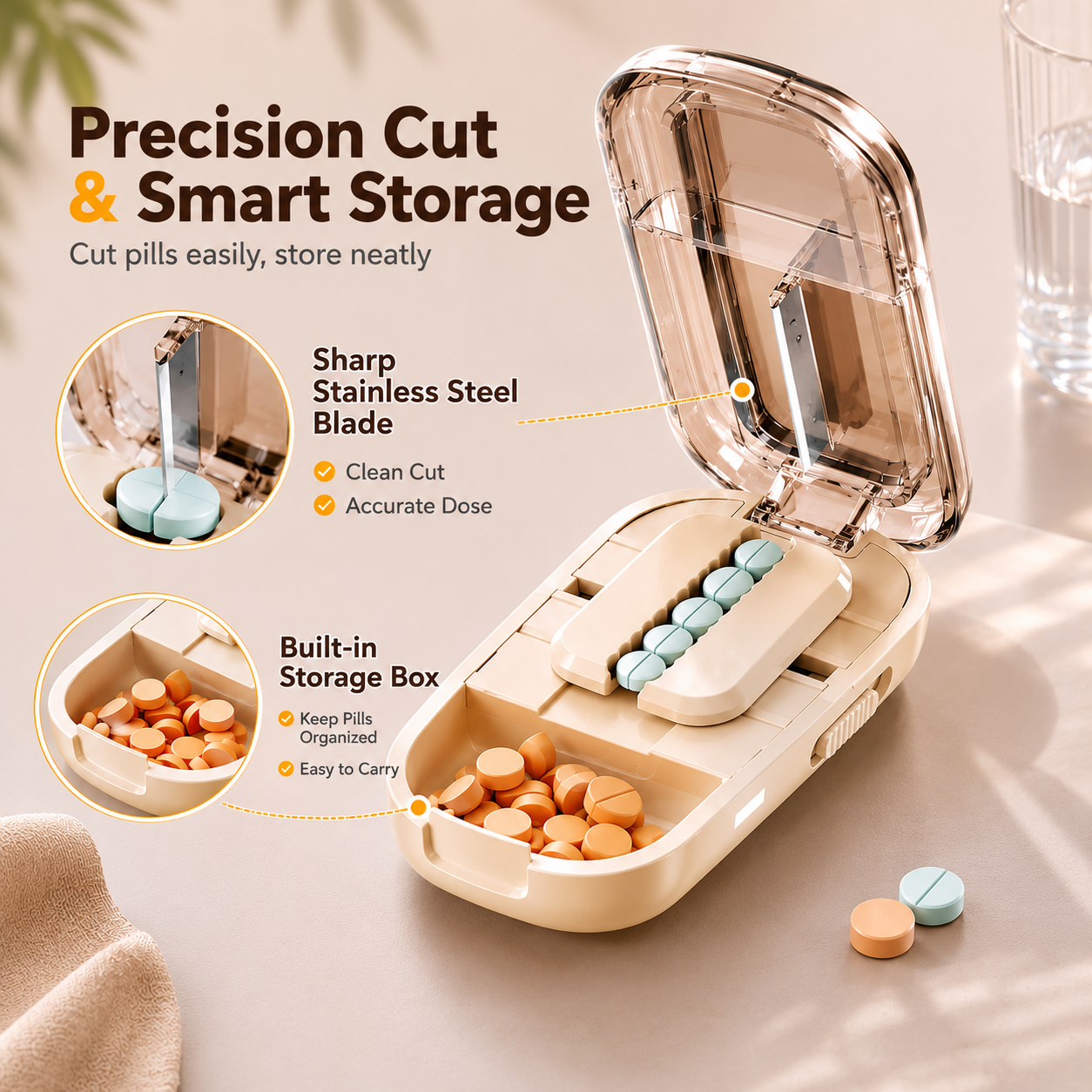 Upgrade-Designed Compact 3-in-1 Pill Splitter Organizer