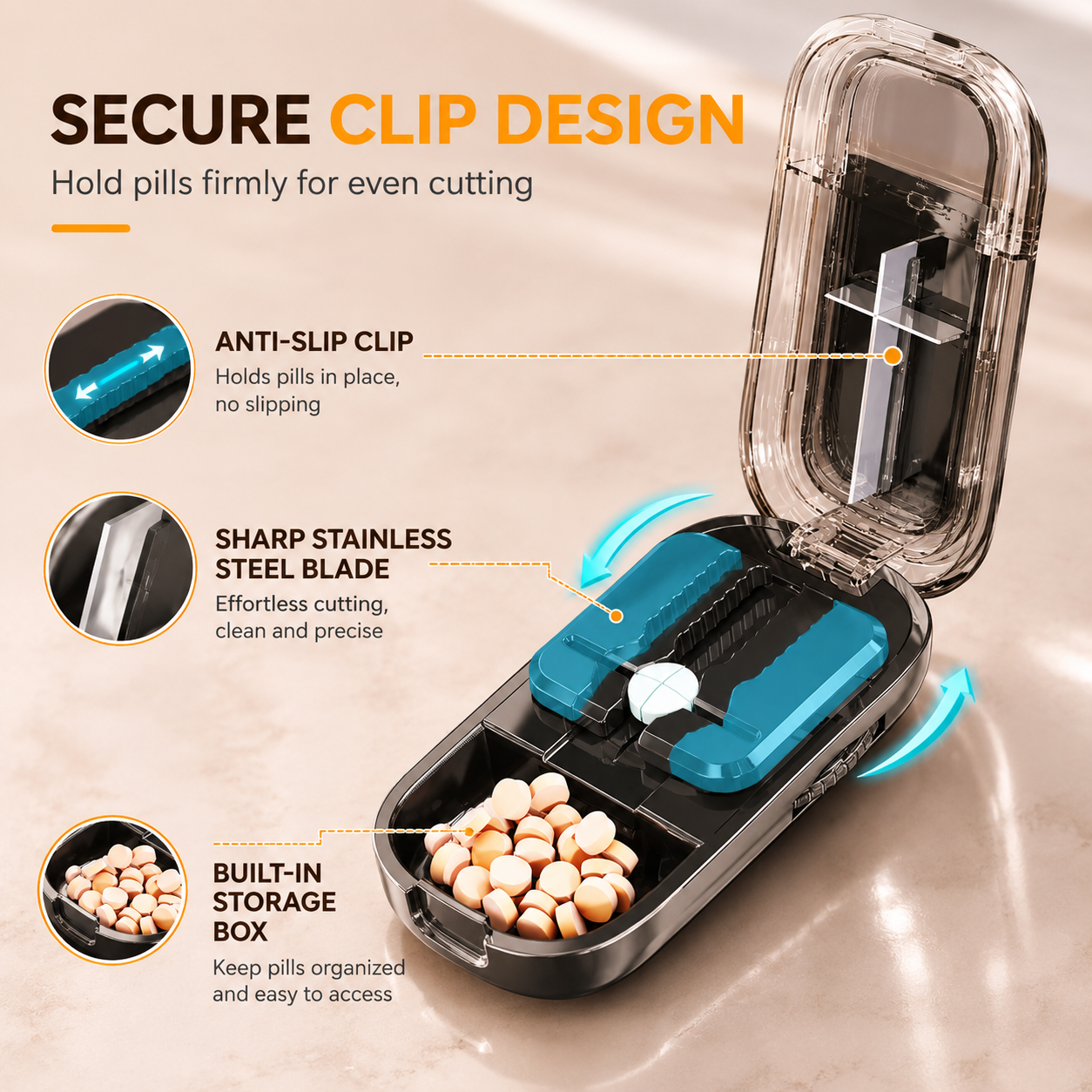 Upgrade-Designed Compact 3-in-1 Pill Splitter Organizer